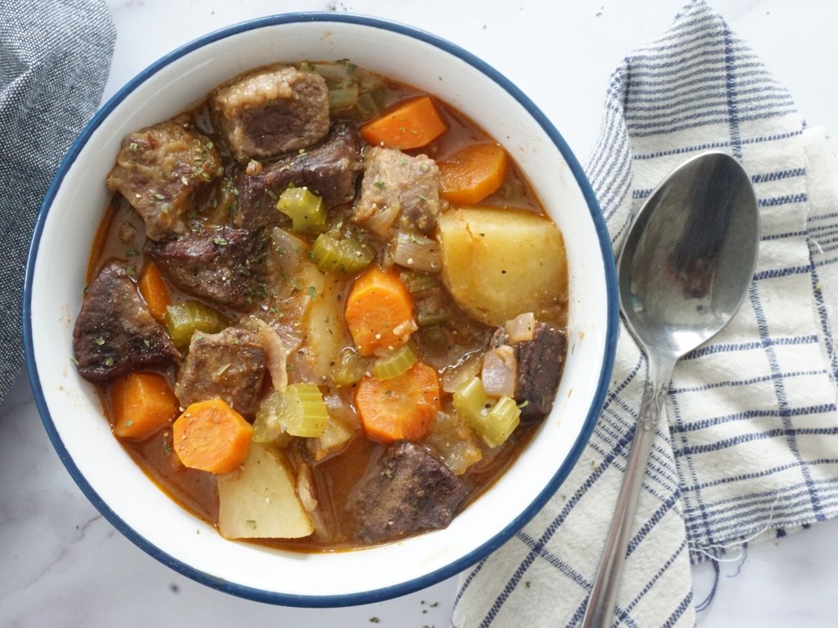 bowl of venison stew with carrots and potatoes