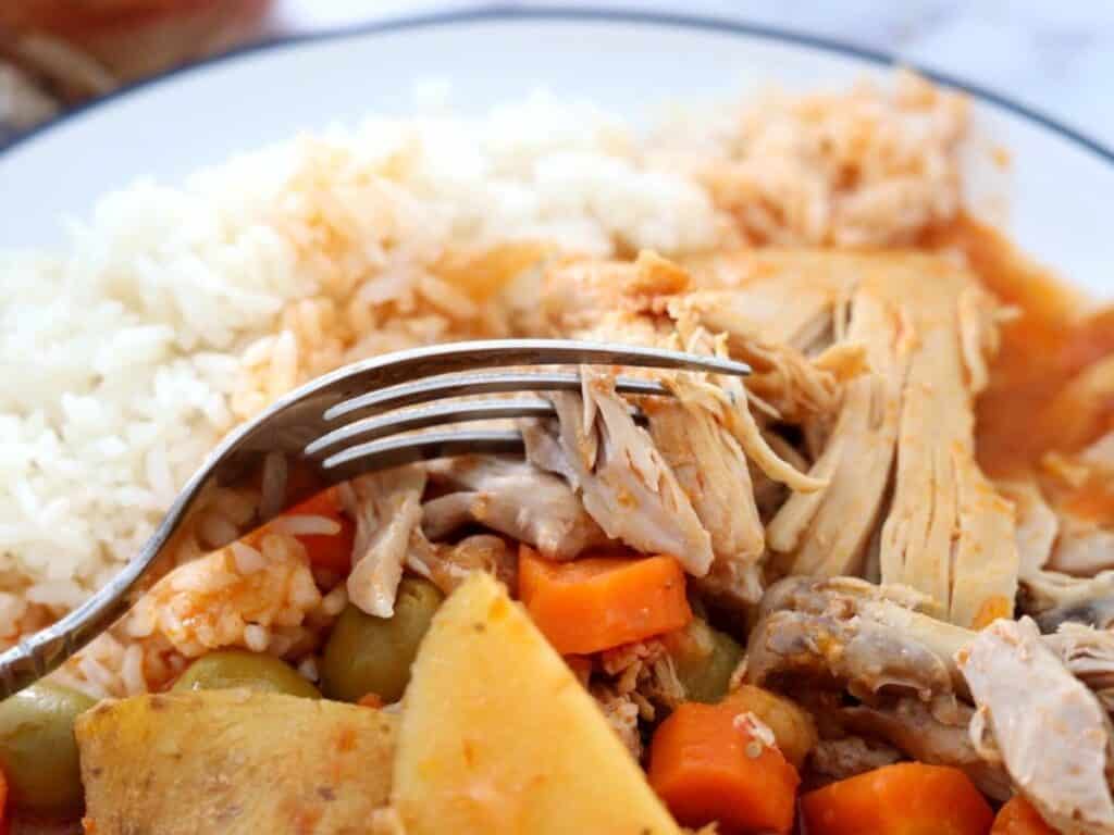 fricasse de pollo over rice with carrots potatoes