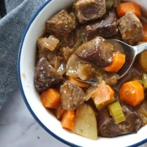 venison beef stew in bowl with carrots and potatoes