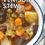 instant pot venison stew with onions carrots and potatoes in a bowl