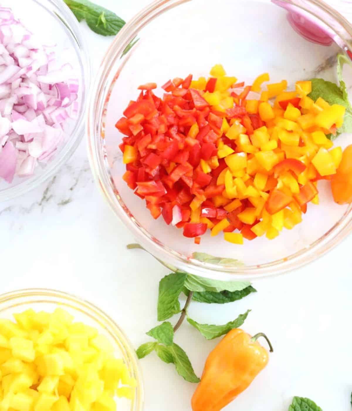 bowls with pepper onion mango