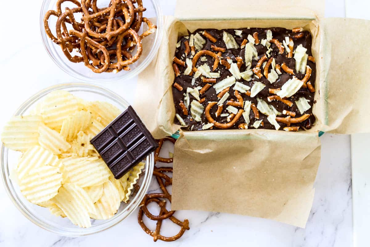 chocolate with potato chips and pretzels