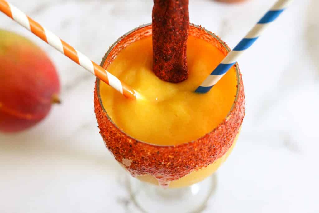 mango smoothie with chili lime candy straw