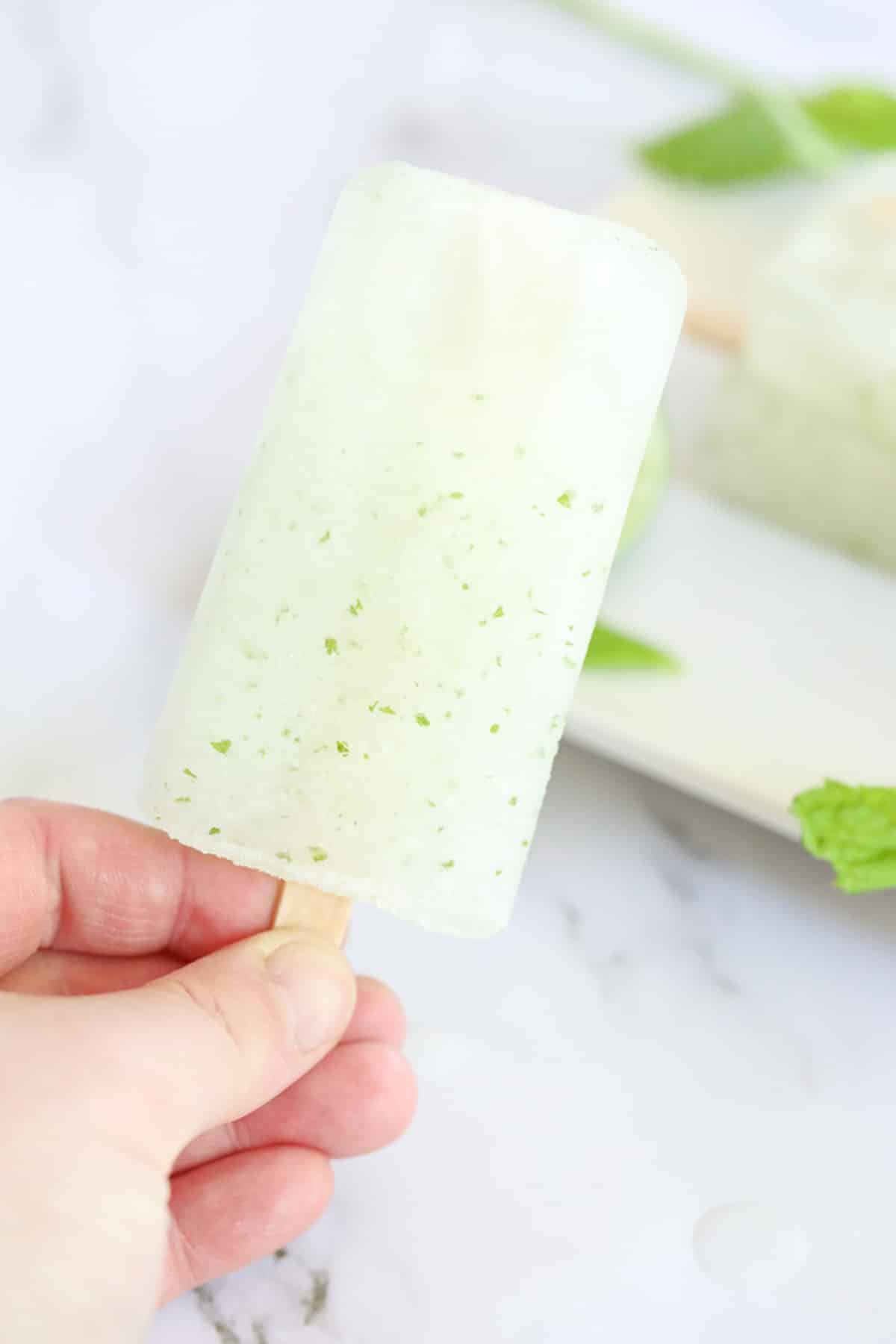 hand holding a mojito popsicle with mint pieces inside