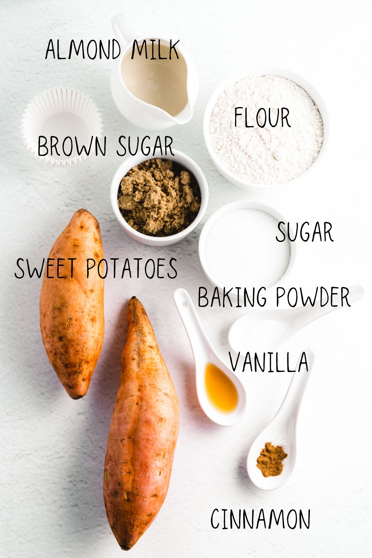 sweet potato muffin ingredients, including brown sugar, cinnamon, almond milk, and cinnamon