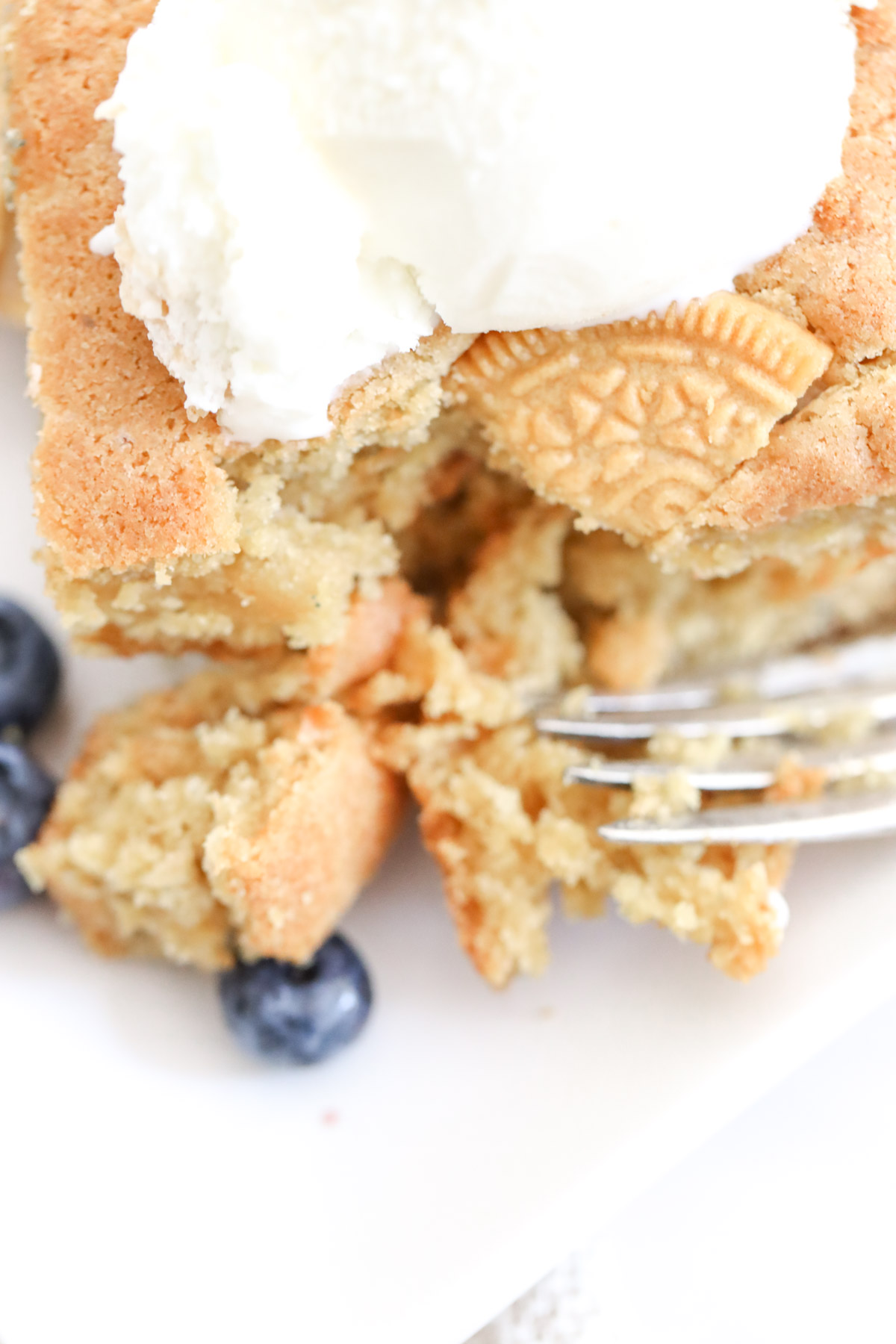 oreo blueberry blondies with ice cream on top