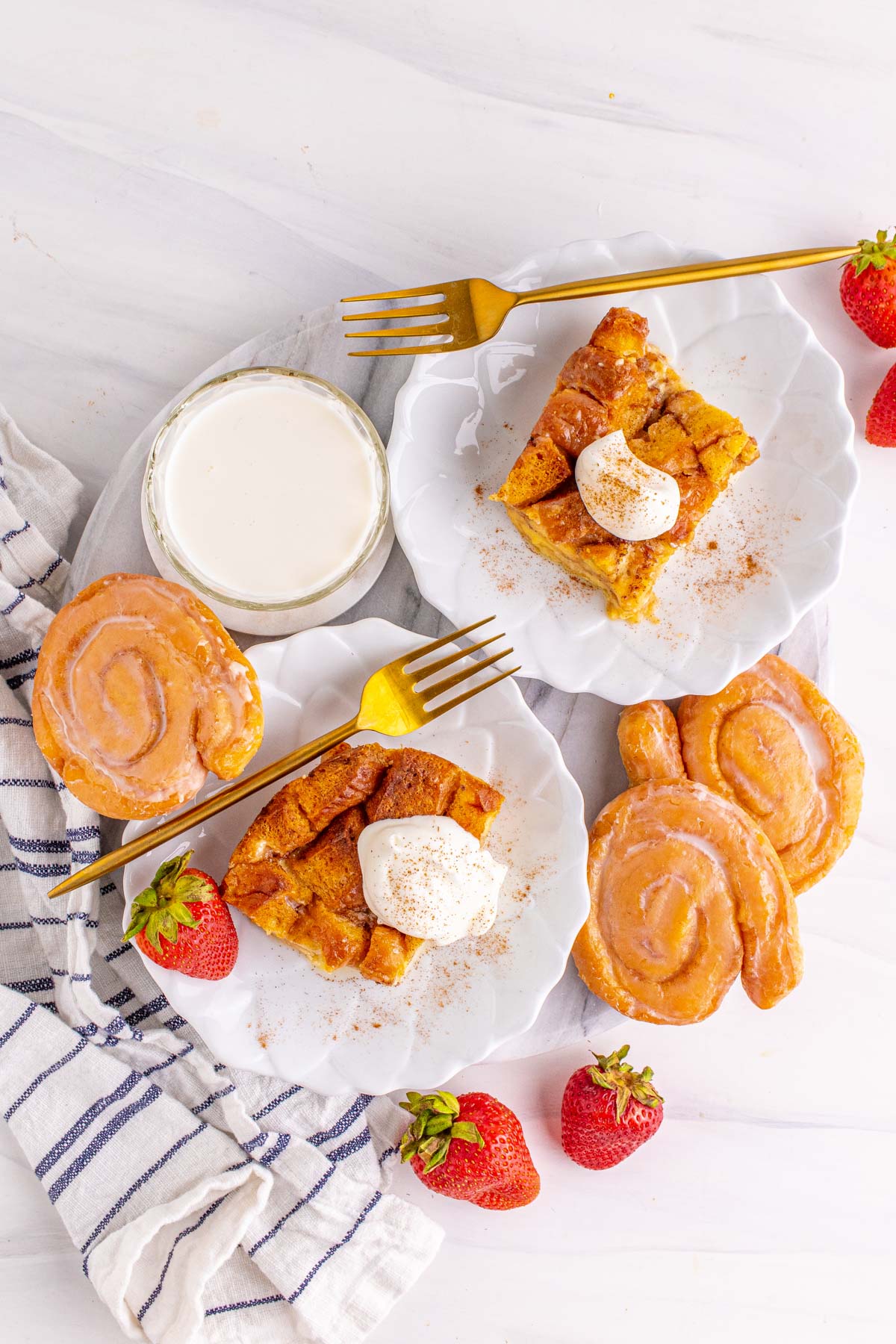 honey buns with strawberries, milk and whipped topping