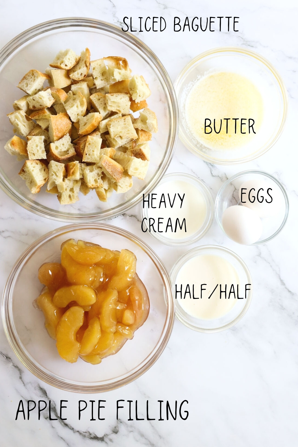 butter, cream, apple pie filling, half and half, eggs