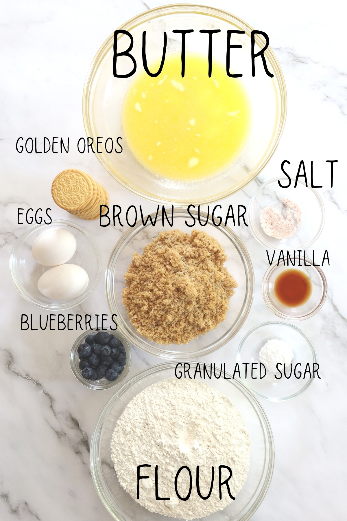 ingredients for blueberry oreo blondies