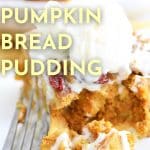 pumpkin bread pudding with ice cream and cream cheese icing