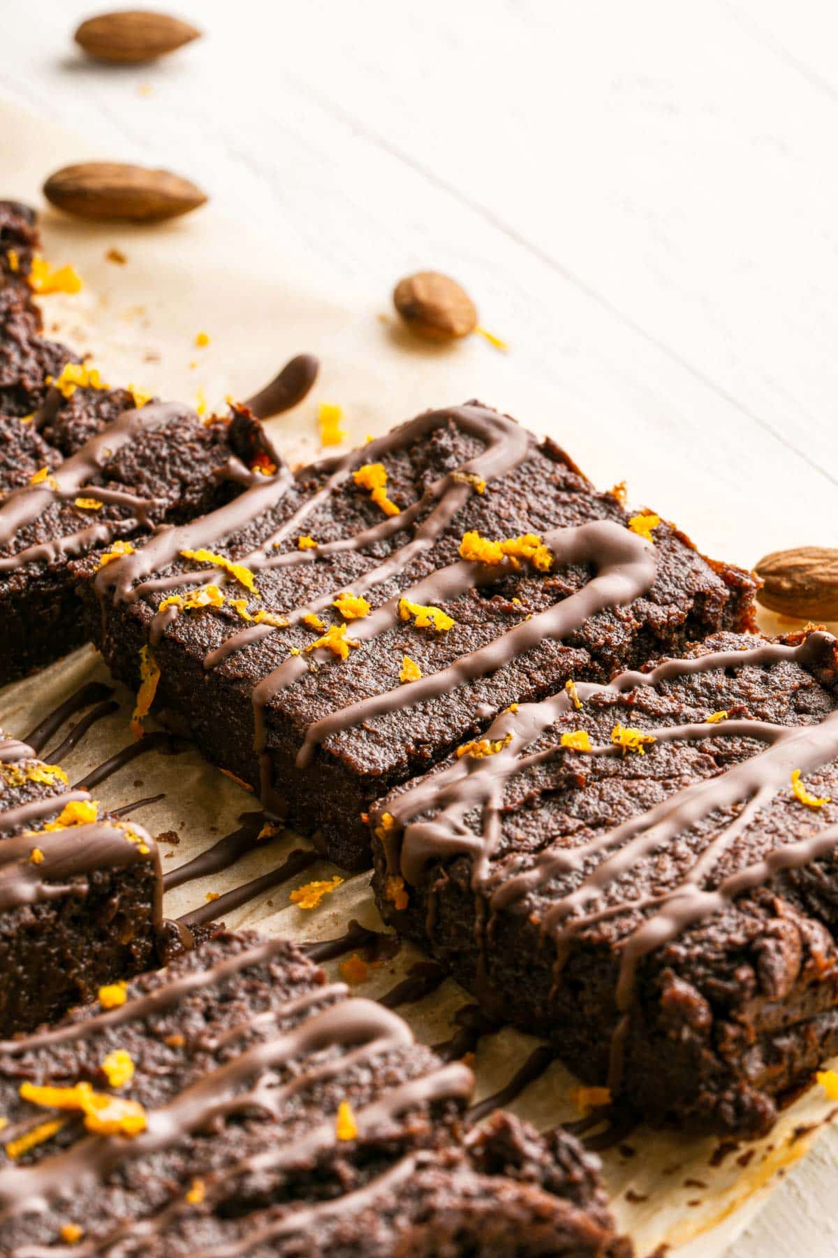 brownie pieces with almonds all around