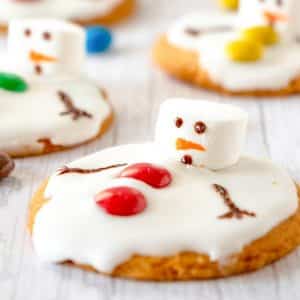 marshmallow melted snowman cookie with m&m buttons