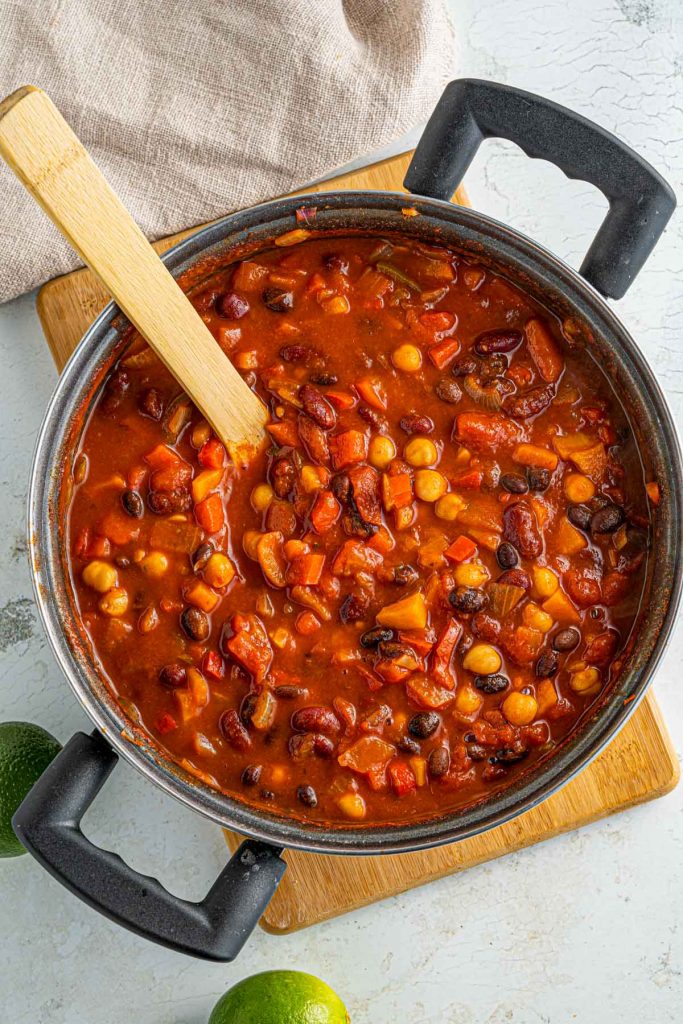 simmering chili beans in pot