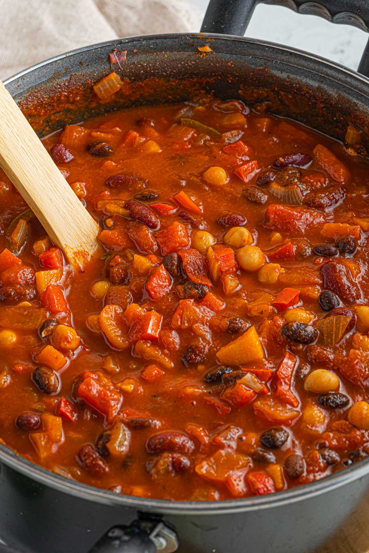 chili in a large pot with several types of beans