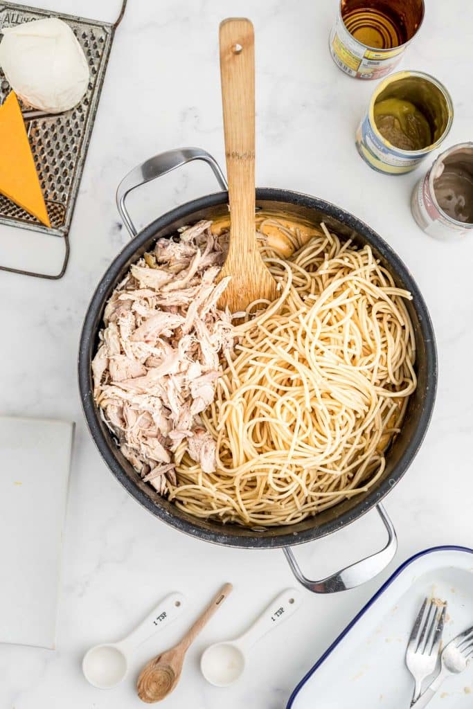 chicken and spaghetti in a pot