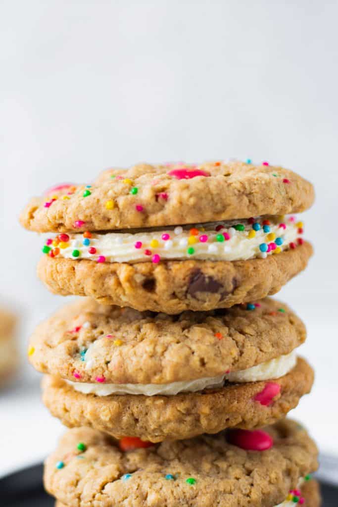 whoopie monster cookies with cream cheese filling and vibrant sprinkles