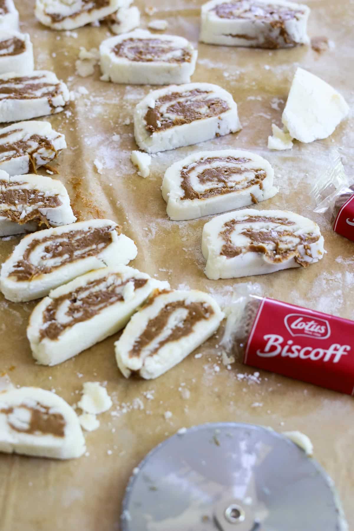 several pieces of Biscoff fudge candy on parchment paper