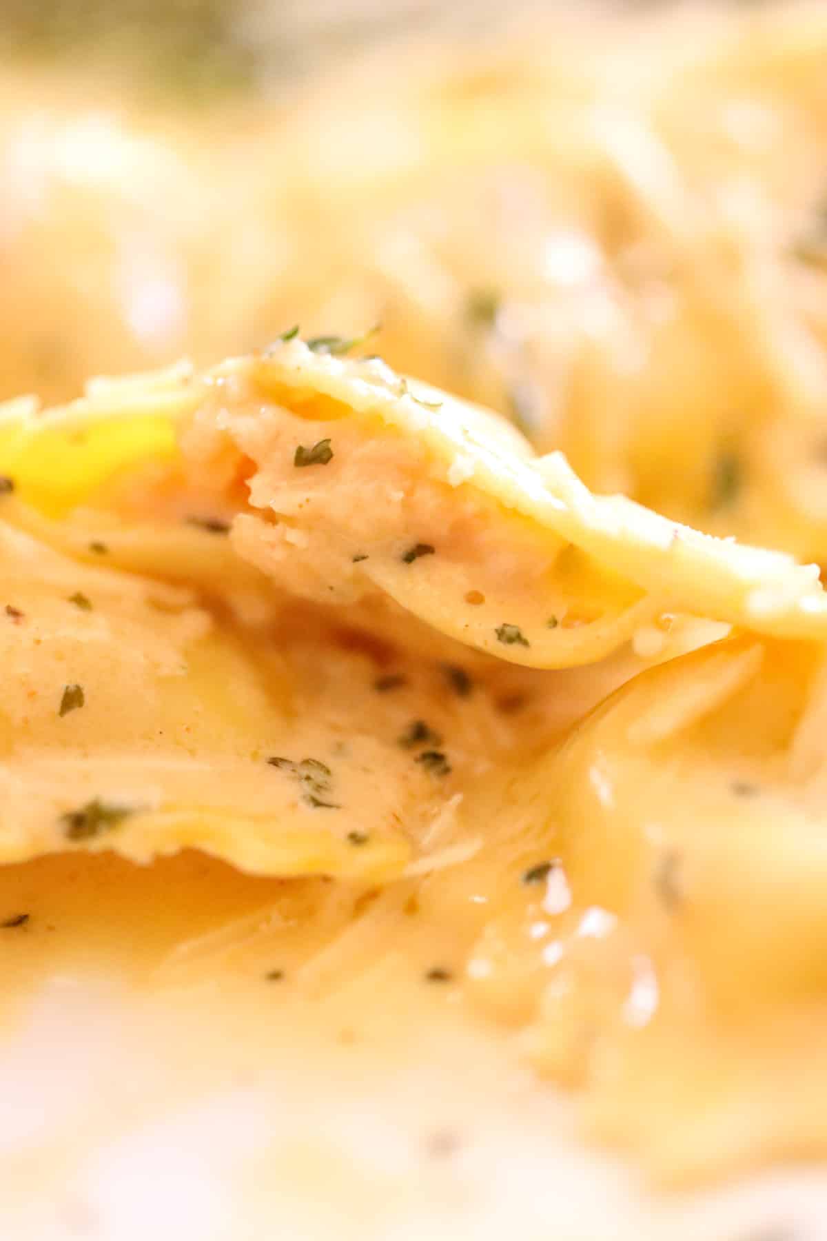 lobster ravioli cup open and covered in buttery cream sauce