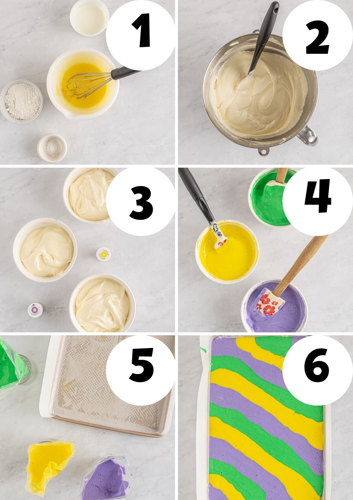 steps for making a swirled Mardi Gras cake roll