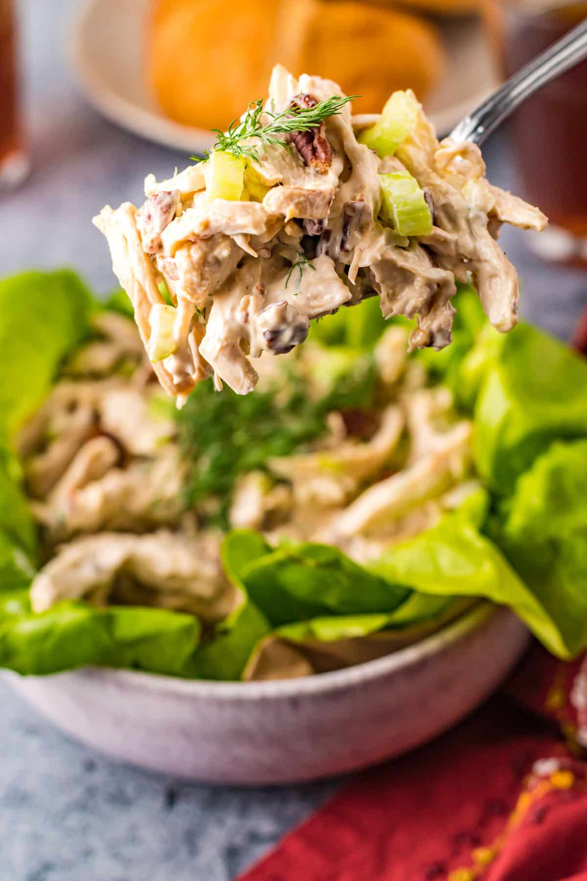 spoonful of thick and creamy chicken salad with a bowl of lettuce in the background