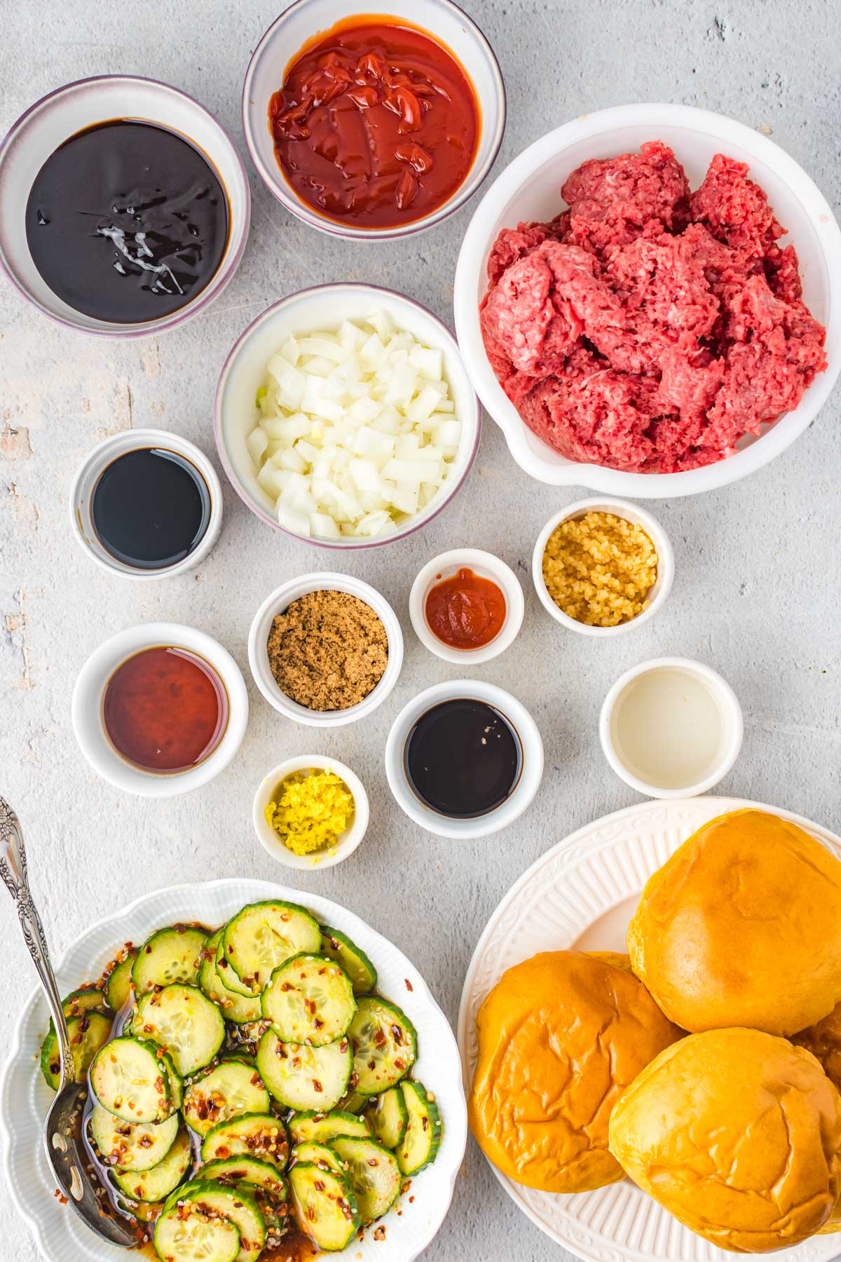 ingredients for Korean sloppy Joes, including brown sugar, sriracha, soy, hoisin, ketchup, onion and sesame oil