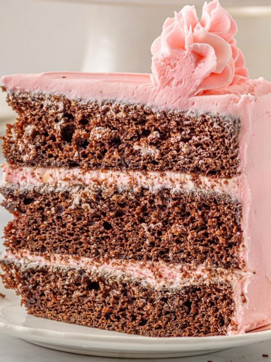 slice of kahlua chocolate coffee cake with strawberry buttercream frosting
