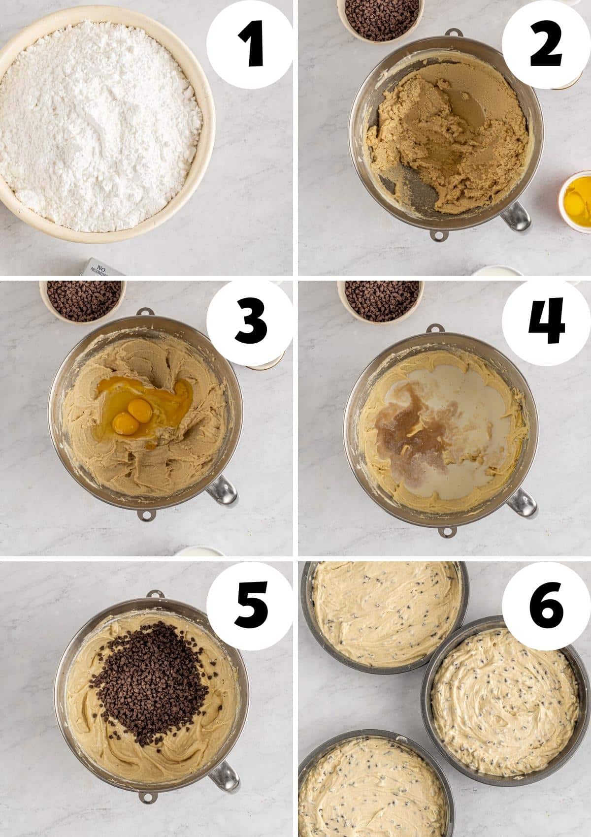 directions for mixing chocolate chip cookie cake batter and dividing into three separate cake pans for baking