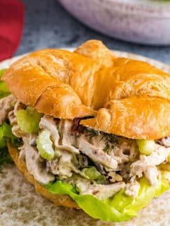 chicken salad sandwich with lettuce, pecans, celery, dill, and mayo on a croissant roll bun