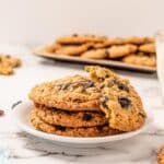 three oatmeal raisin cookies in a stack on a plate with one broken in half on top