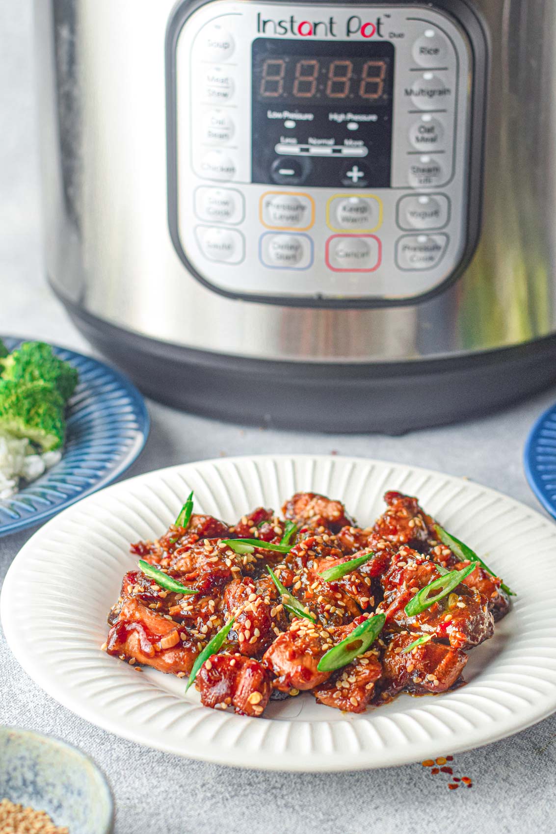 teriyaki chicken on a white plate sitting next to an instant pot