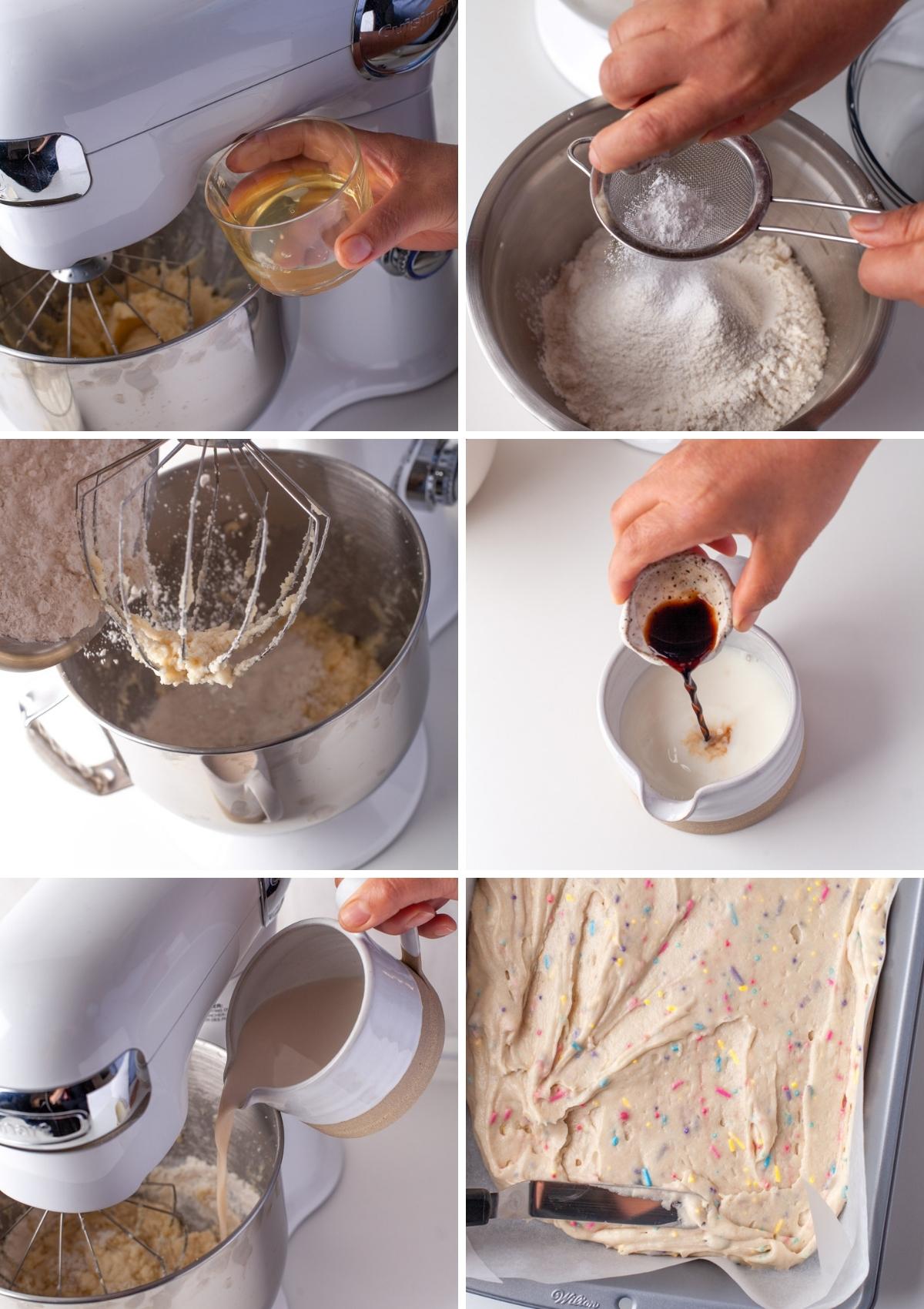 steps for making a funfetti cake batter, including mixing wet ingredients first then dry ingredients together 