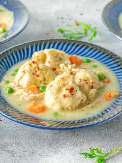 bowl of chicken and dumplings with peas, carrots, potatoes and garnish