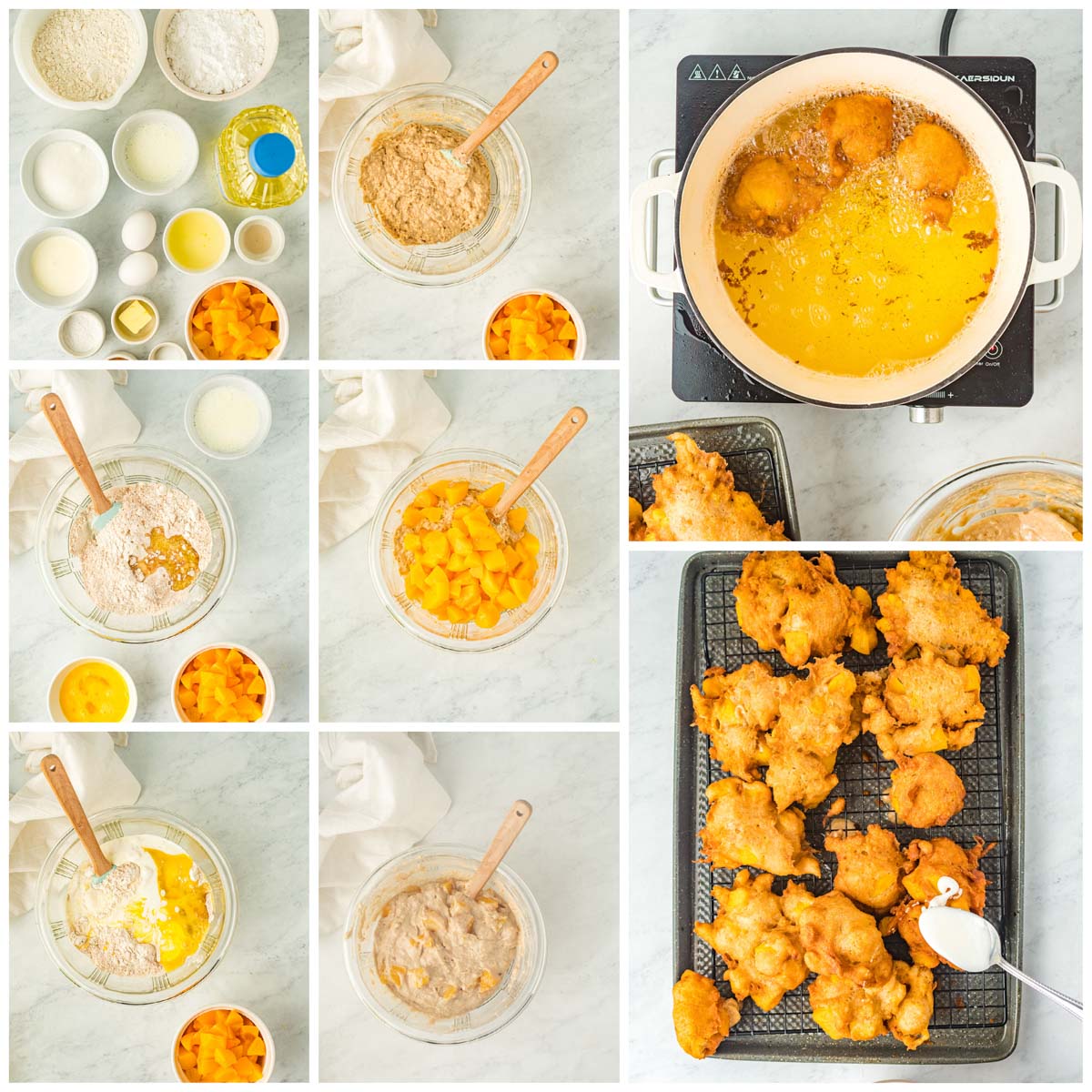 collage of images and steps for making peach fritters, including mixing batter, heating oil, and mixing the icing