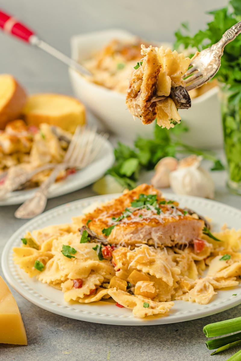 creamy chicken and pasta on a plate topped with parmesan shavings
