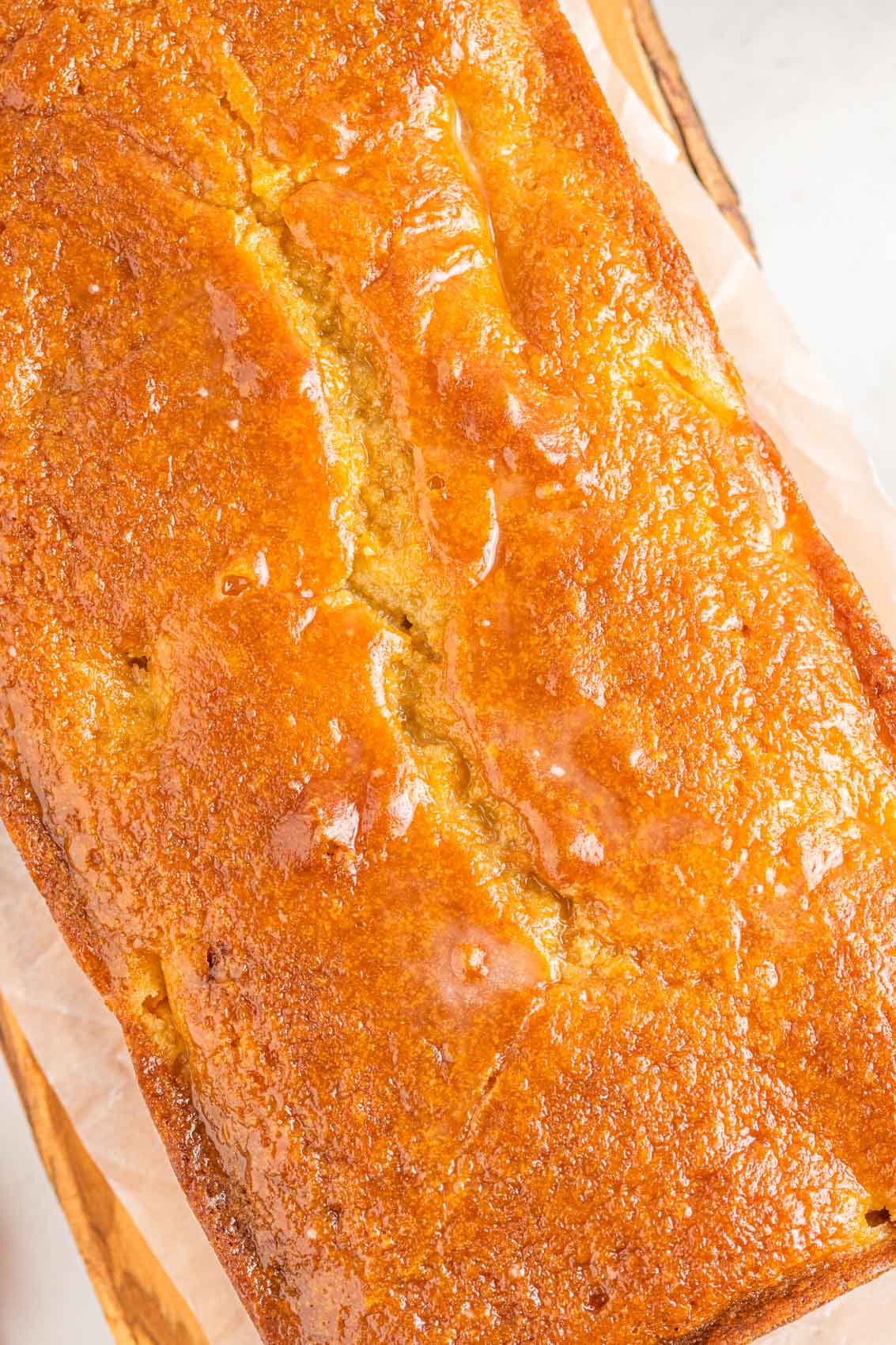 golden buttery glazed peach bread loaf