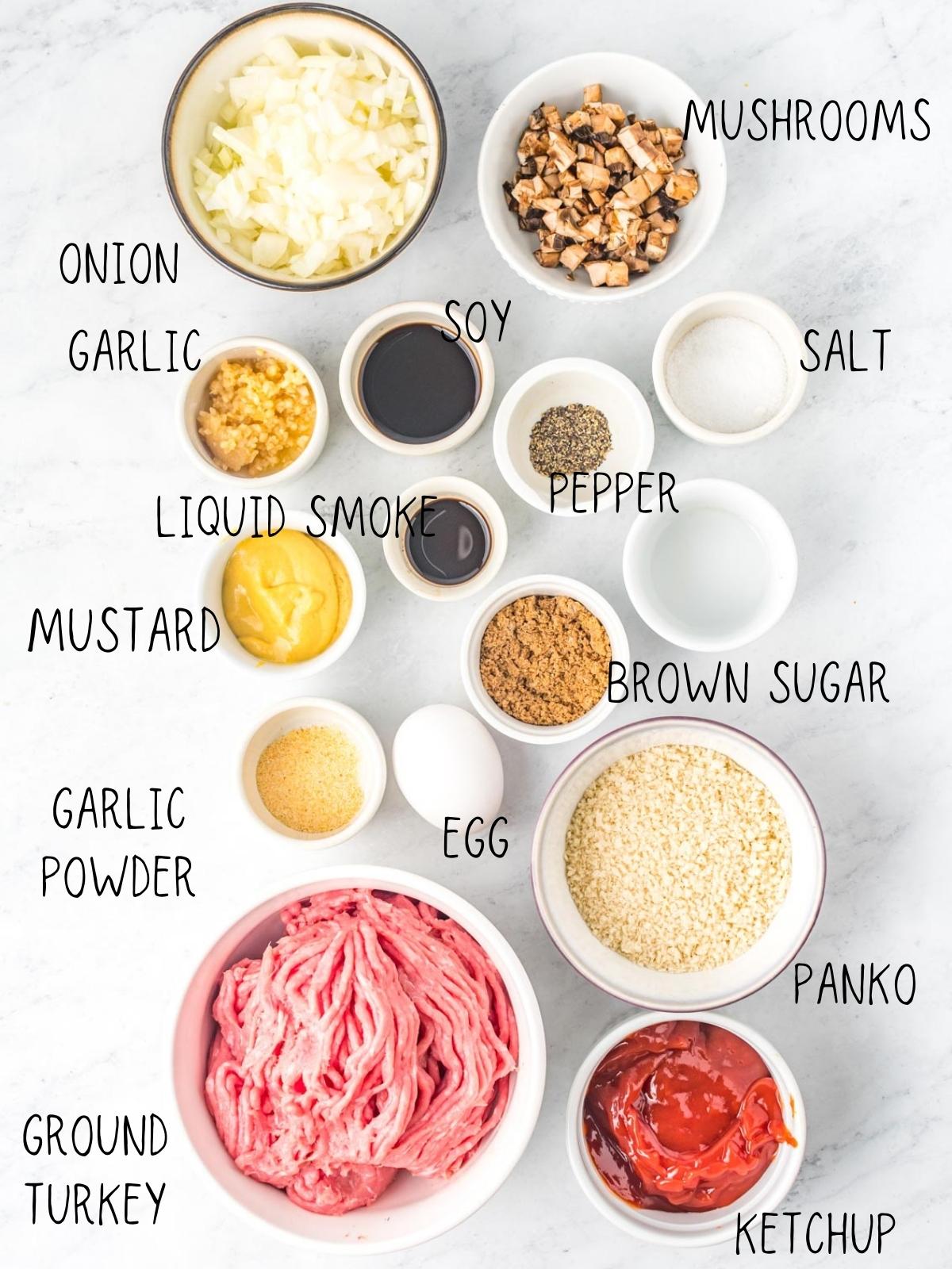 air fryer turkey meatloaf ingredients, including ground turkey, panko, ketchup, garlic powder, mushrooms, egg, brown sugar, mustard