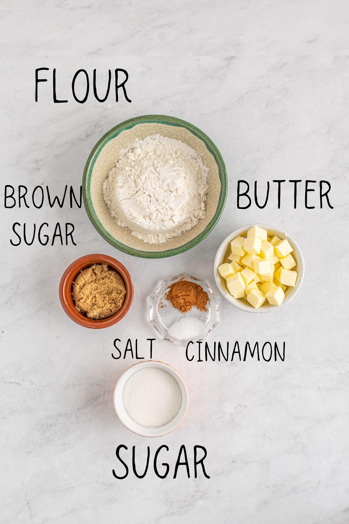 ingredients for crumble topping including cubed butter cinnamon salt, brown sugar