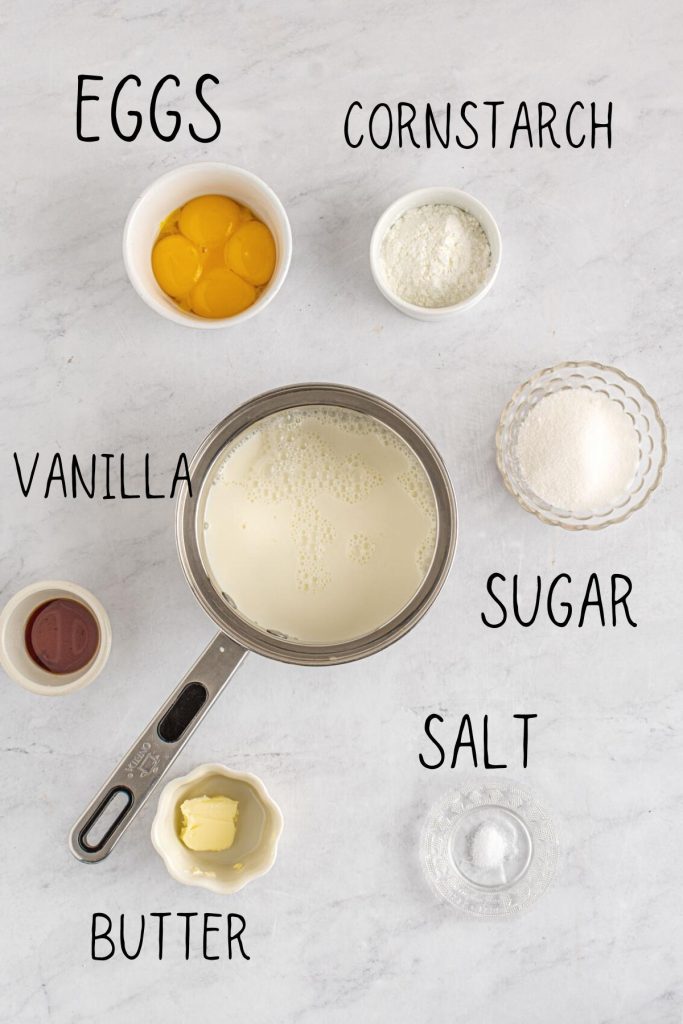 custard ingredients, including butter, sugar, salt, eggs, cornstarch