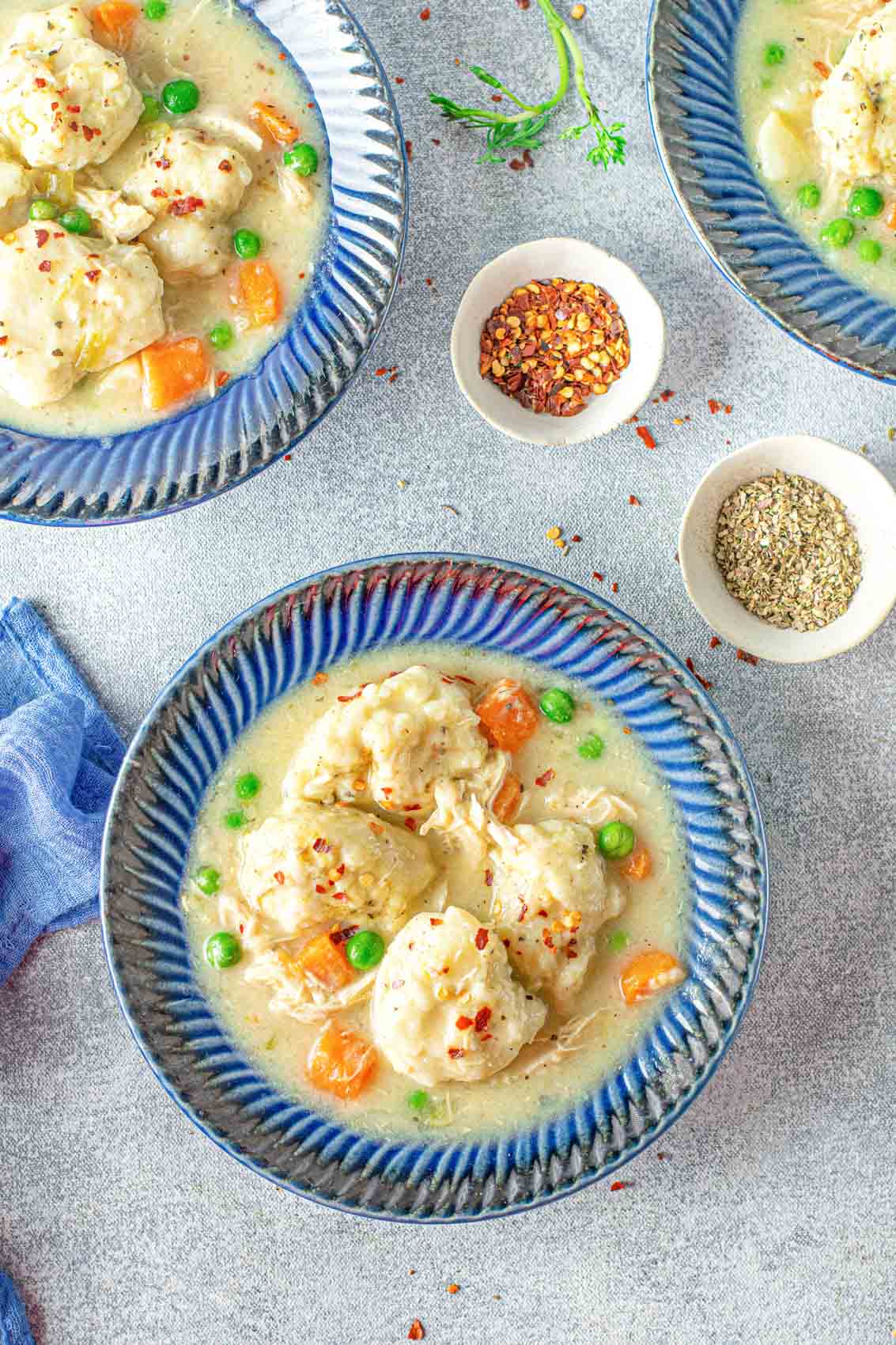 overhead view of a bowl of chicken and dumplings