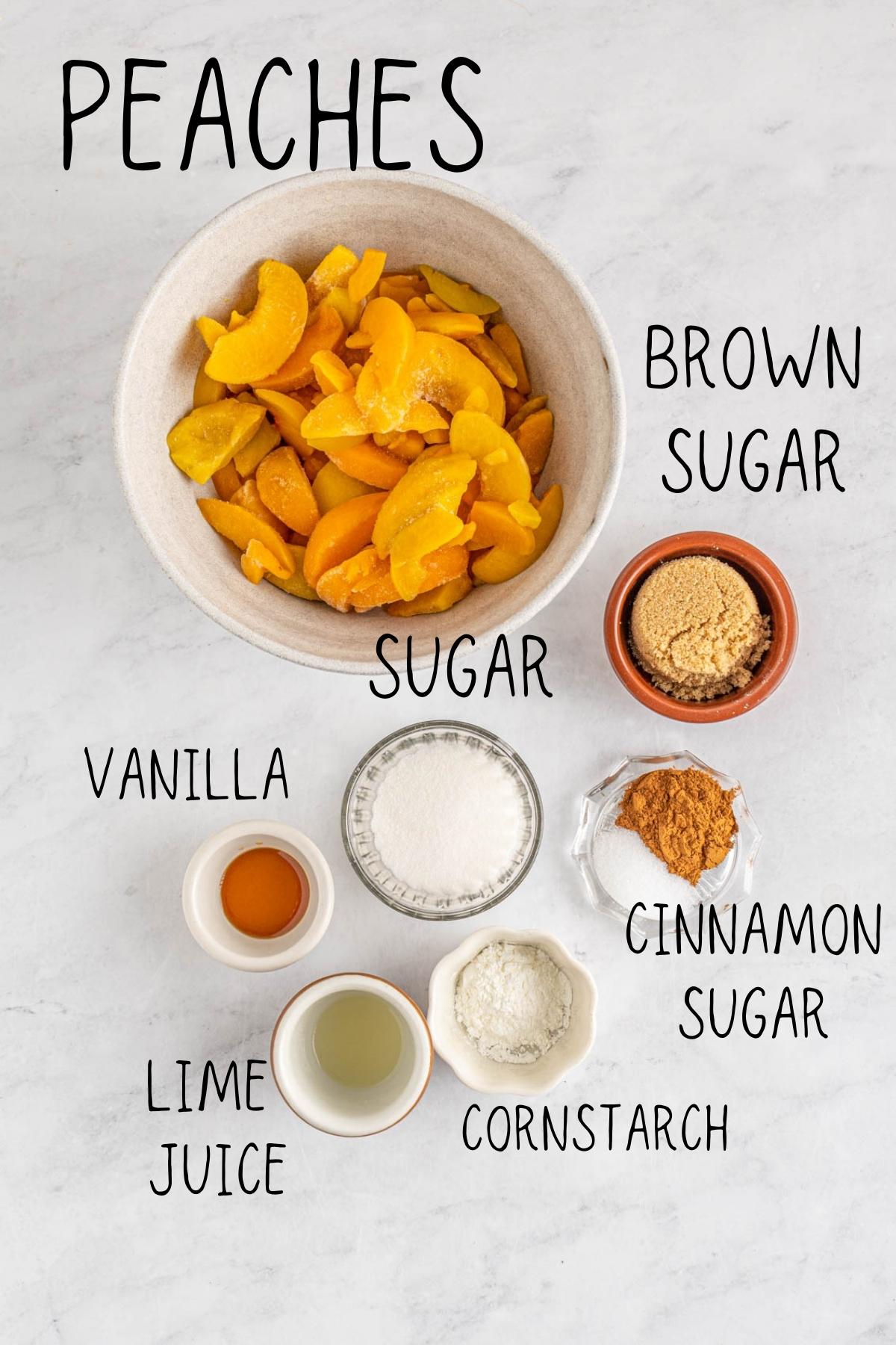 ingredients for peach crumble pie including cinnamon, sugar, peaches, vanilla