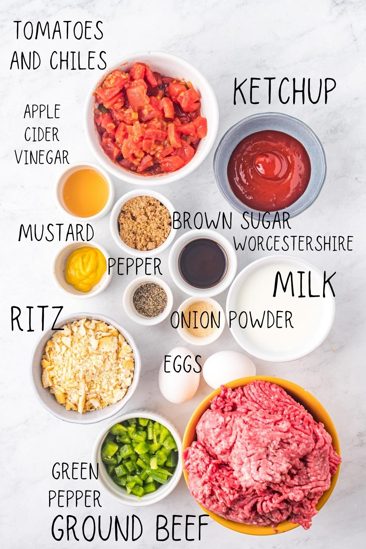 ingredients for southern style meatloaf including ketchup, ritz crackers, brown sugar, mustard, worcestershire sauce, eggs, onion powder and ground beef