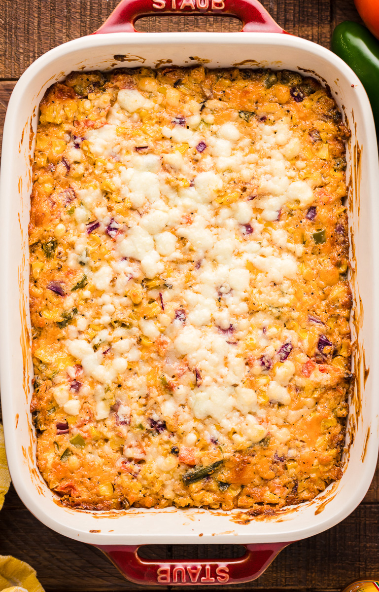 Mexican corn casserole in a large baking dish