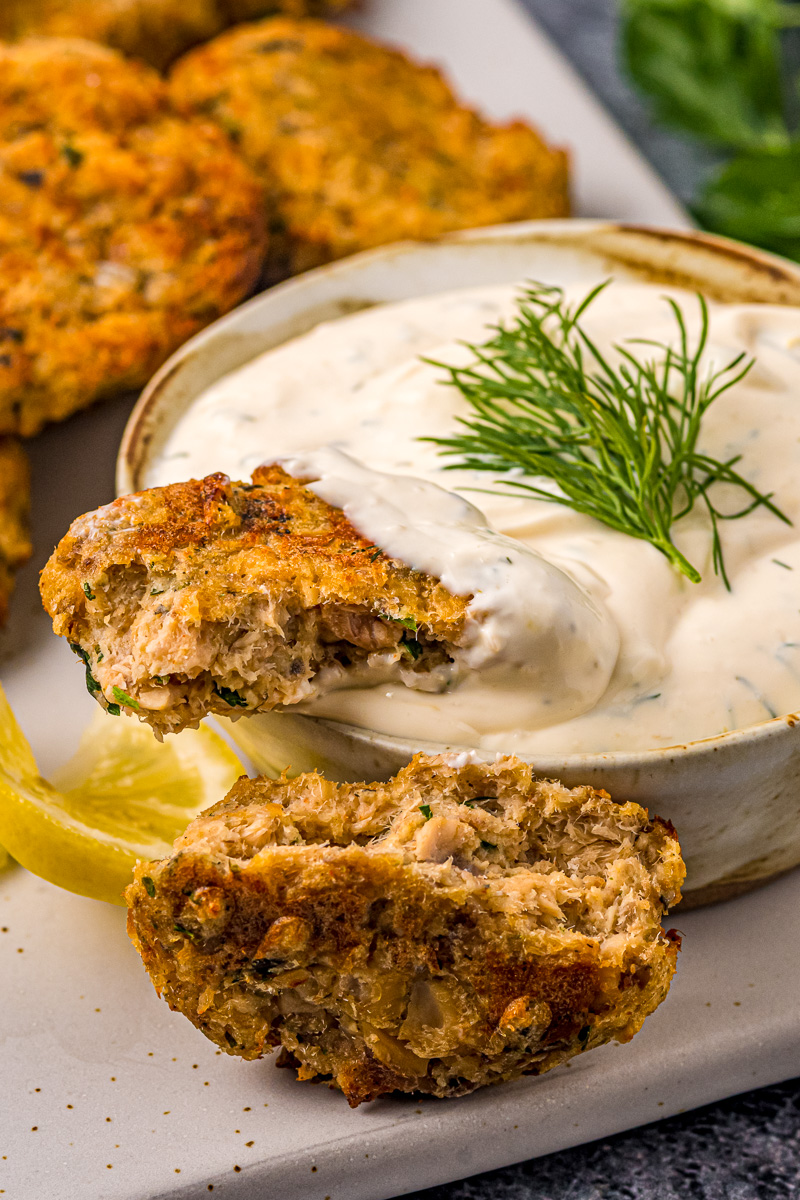 salmon patty in creamy dill sauce