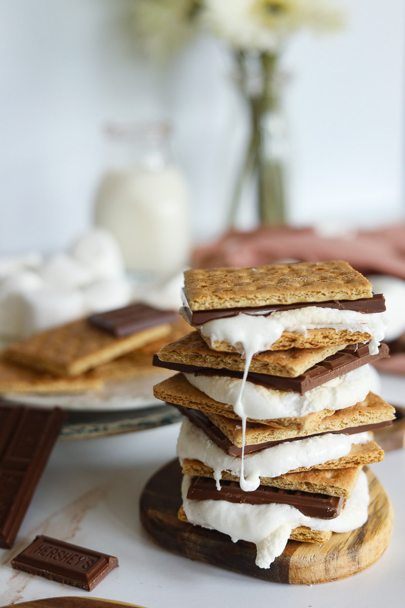 stack of s'mores with marshmallow dripping down