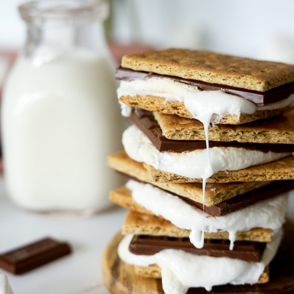 stack of s'mores with marshmallow dripping