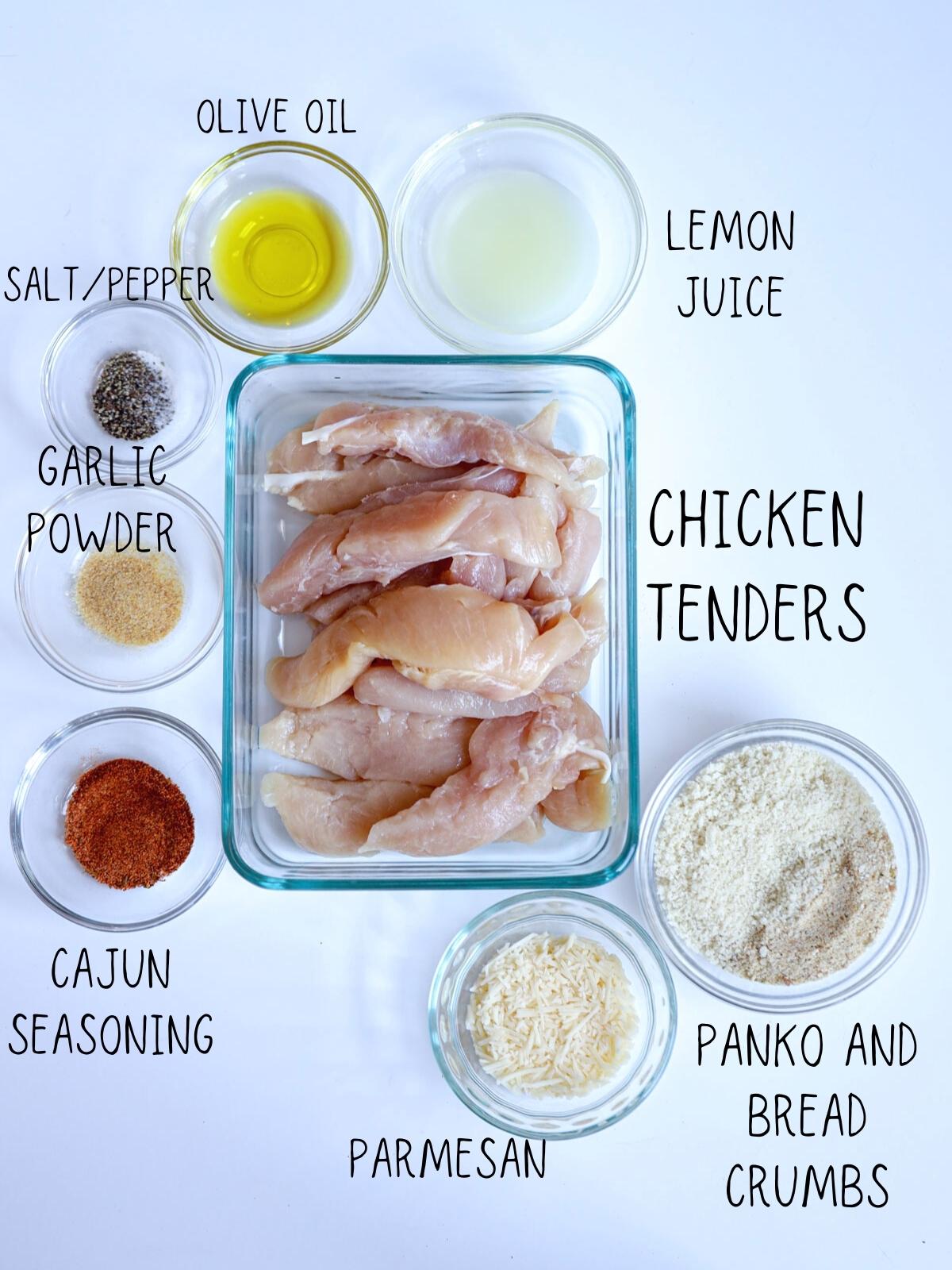 ingredients for air fryer chicken tenders including garlic powder, cajun seasoning, panko and bread crumbs