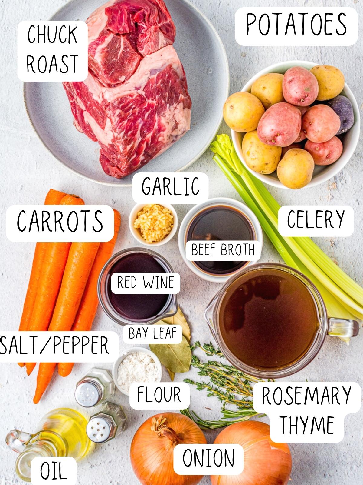 pot roast ingredients, including potatoes, chuck roast, garlic, carrots, and celery