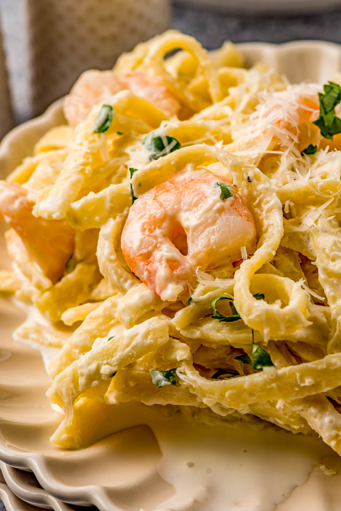 creamy shrimp Alfredo with fettuccine pasta and parmesan cheese sprinkled on top