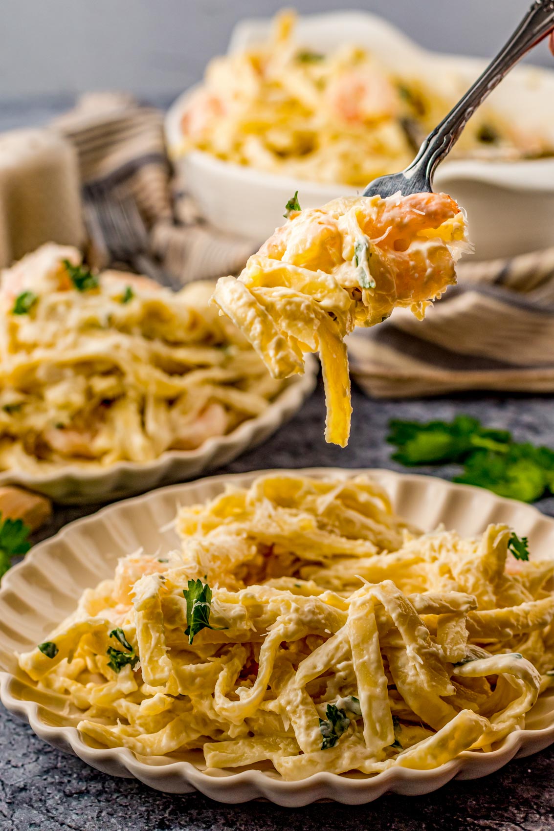 shrimp Alfredo on a fork