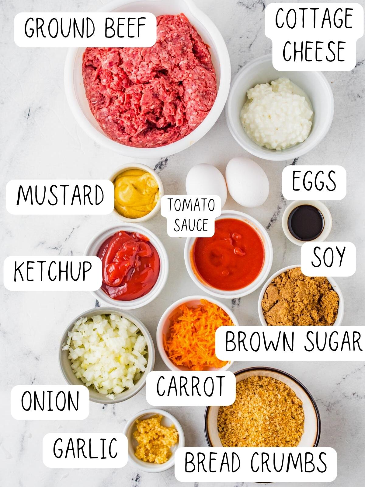 air fryer meatloaf ingredients, including ground beef, ketchup, soy sauce, mustard, brown sugar, bread crumbs, and carrot